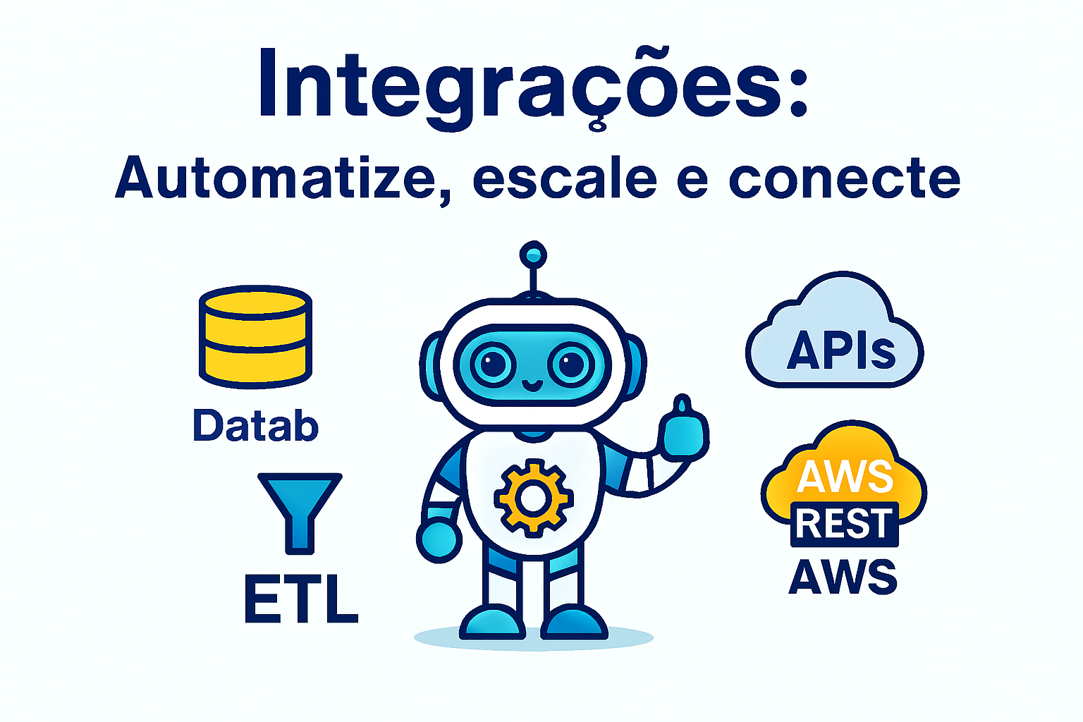 Robô central com integrações como banco de dados, APIs, ETL e AWS